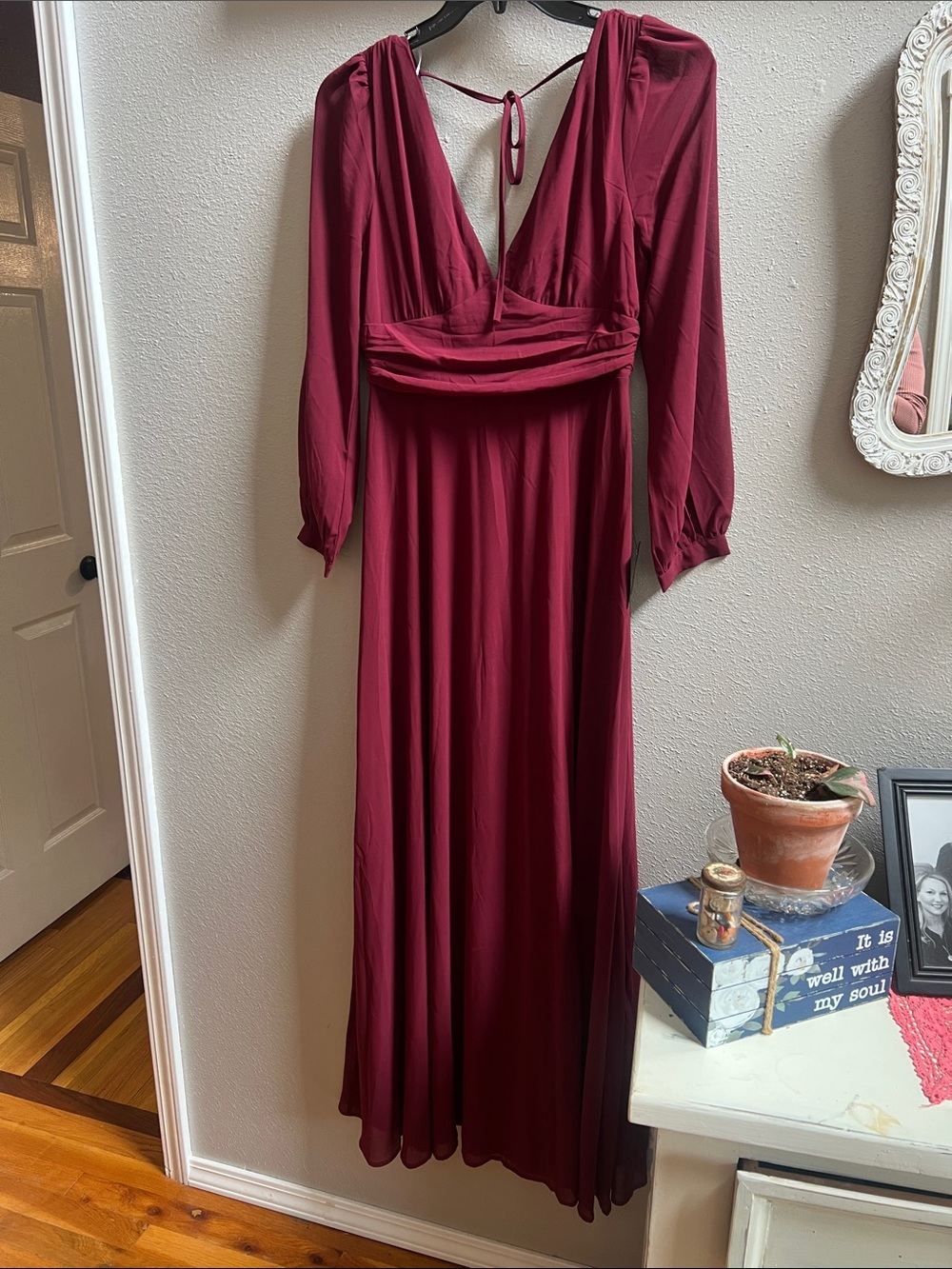 Lulu's Burgundy Long-Sleeve V-Neck Maxi Dress